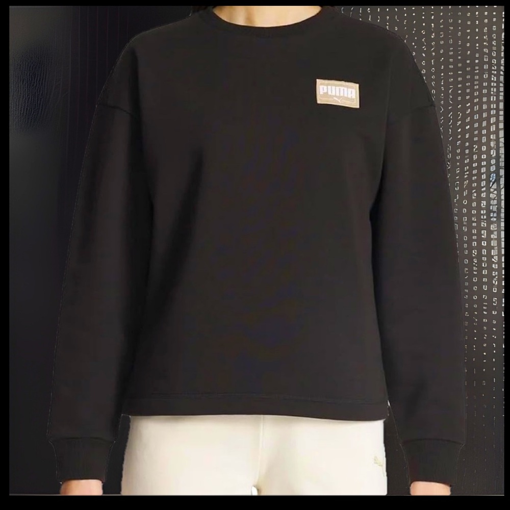 Black PUMA Badge Logo Fleece Sweatshirt Ribbed Crewneck Pullover Side Split